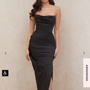 House of CB Adrienne Black Maxi Dress (Satin w/ Slit)